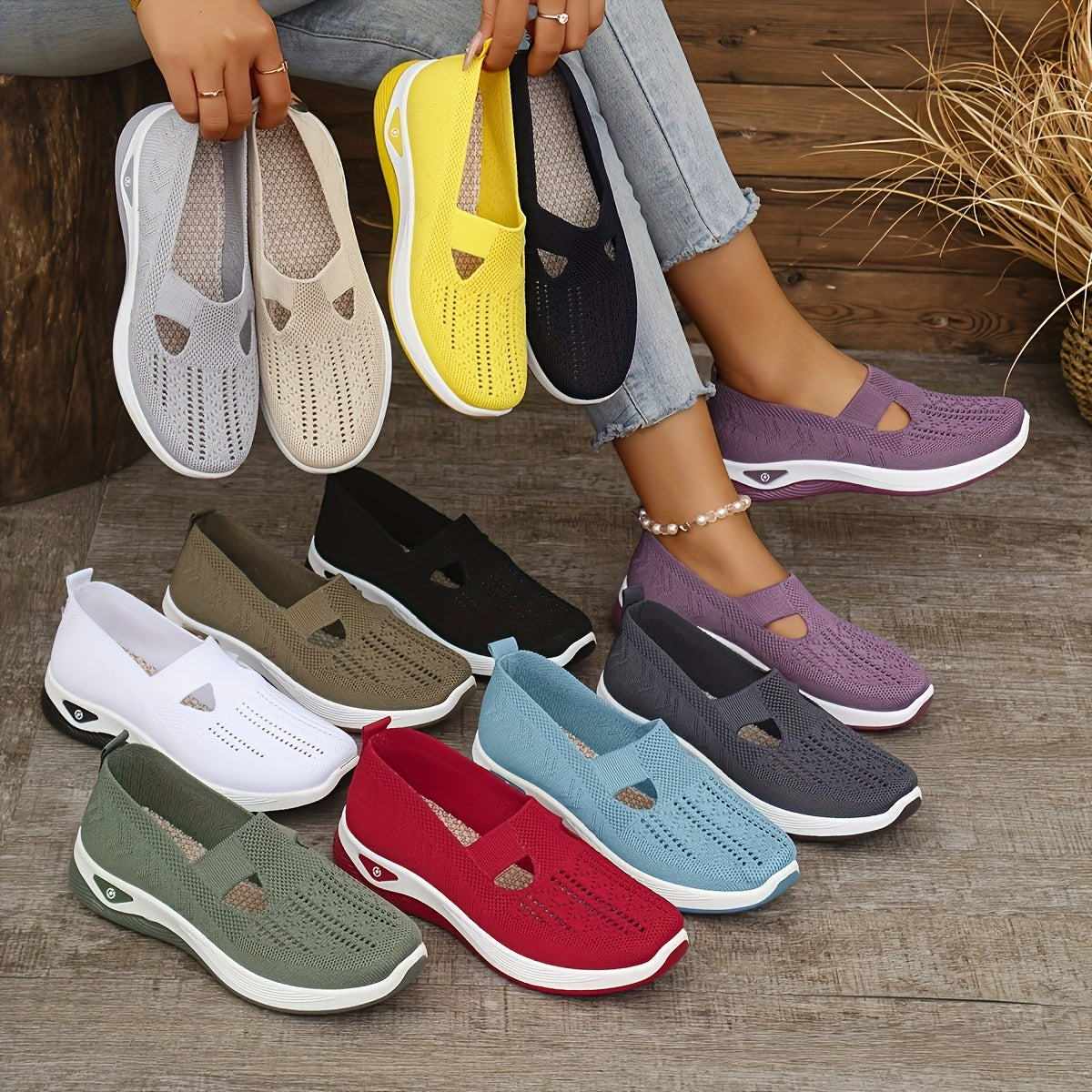 Women'S Breathable Knit Sneakers - Slip-On Low Top Sneakers with Plain Toe, Lightweight PVC Sole, and Comfortable Fabric Upper for All-Day Wear (Green, Blue, Black, Purple, Pink), Casual Footwear | Minimalist Design | Breatha